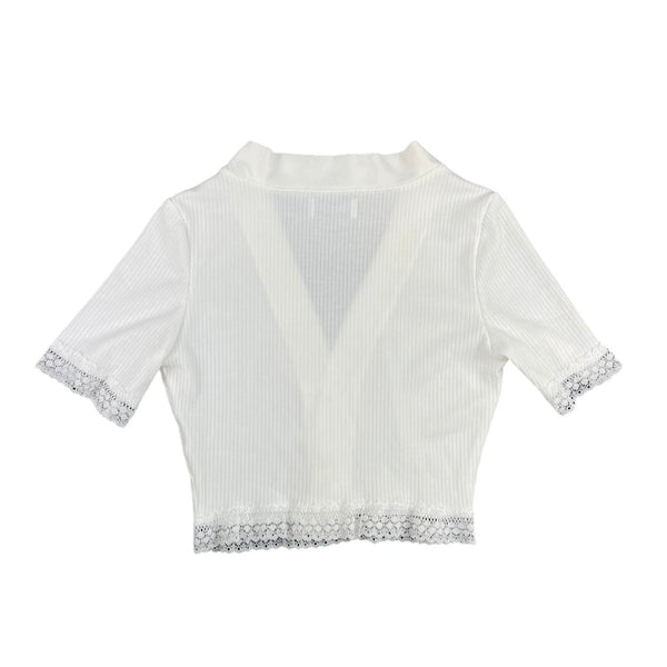 White Knit Lace Button-up Crop Top