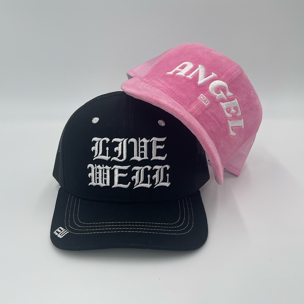 Live Well Black Trucker Hat + Velvet Pink Angel Trucker Hat | Empty Whole Womens Streetwear