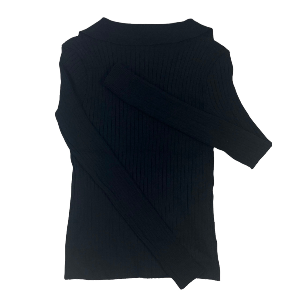 Black Ribbed Knit Polo Long Sleeve