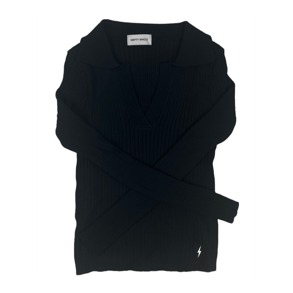 Black Ribbed Knit Polo Long Sleeve