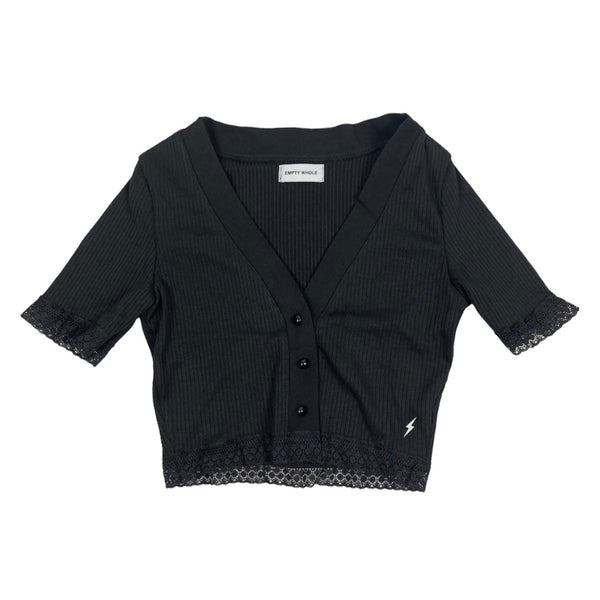 Black Knit Lace Button-up Crop Top Empty Whole™