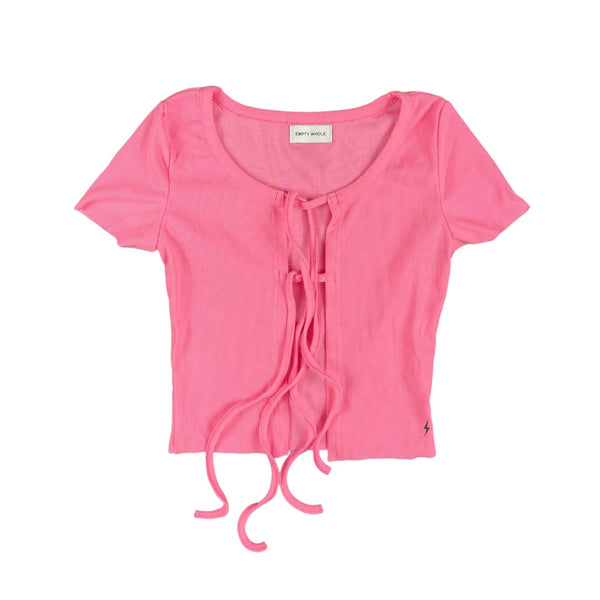 Pink Double Tie Ribbed Top Empty Whole
