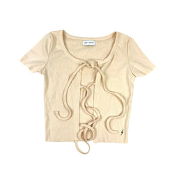 Beige Double Tie Ribbed Top Empty Whole