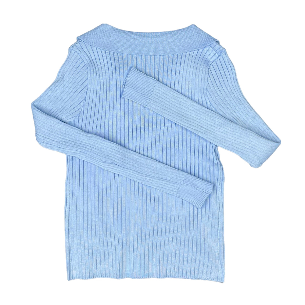 Light Blue Ribbed Knit Polo Long Sleeve - Empty Whole