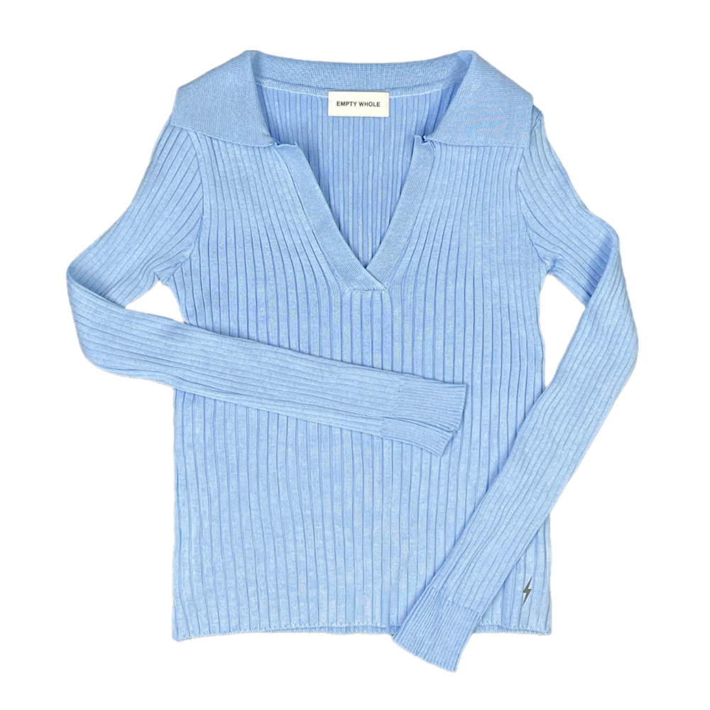 Light Blue Ribbed Knit Polo Long Sleeve - Empty Whole